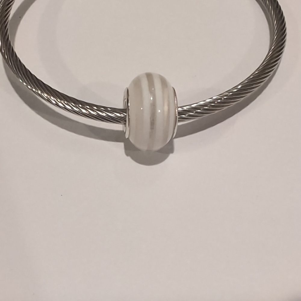 Silver Clear and White Striped Charm‎ for Pandora Style Bracelet